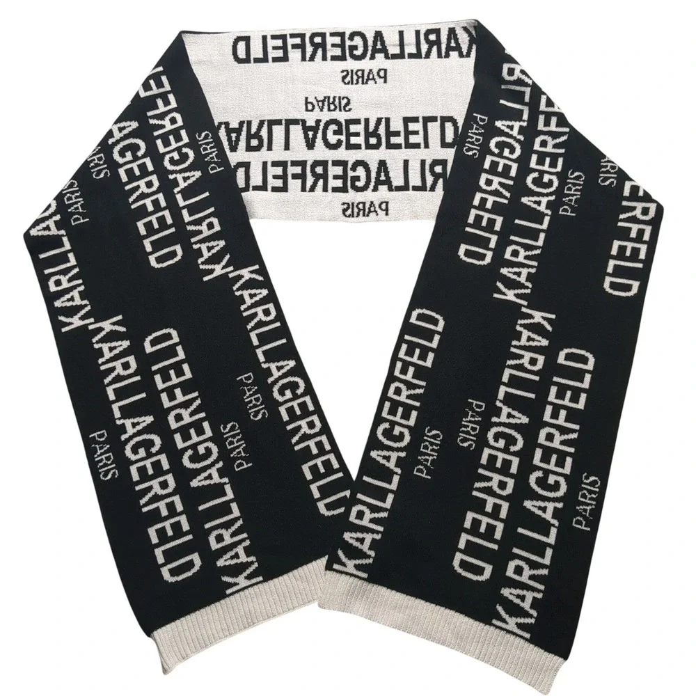 Karl Lagerfeld Paris Scarf‎ Black White Logo Knit Acrylic Reversible  70x10 EUC